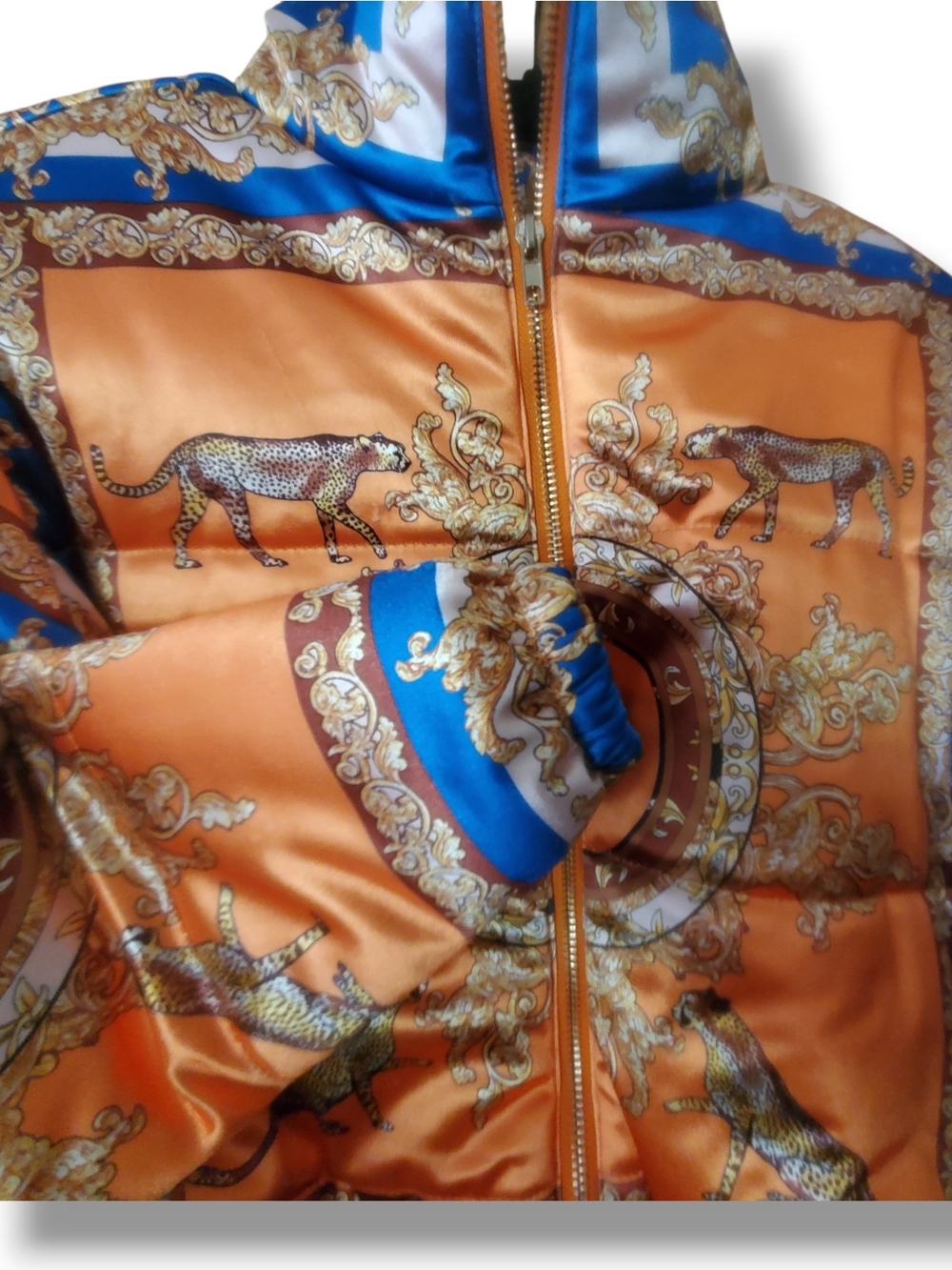 N°1 Los Angeles Cropped Puffer Jacket Cheetah Leopard Baroque Print Orange Blue - Picture 5 of 12